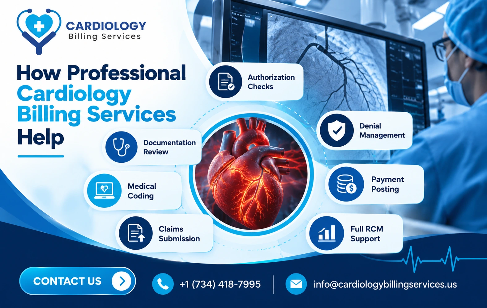 How Professional Cardiology Billing Services Help How professional cardiology billing services help with CPT 92945 claims, documentation review, medical coding, authorization checks, claims submission, denial management, payment posting, and revenue cycle management.